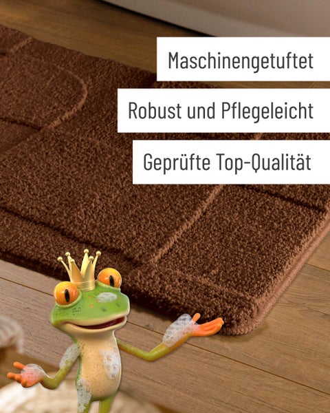 Brauner Badteppich, maschinengetuftet, robust und pflegeleicht, geprüfte Top-Qualität, mit Frosch-Illustration.