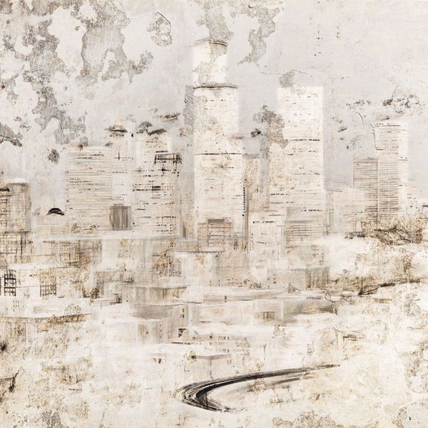 Gemälde einer Stadtlandschaft mit Hochhäusern und einer Straße