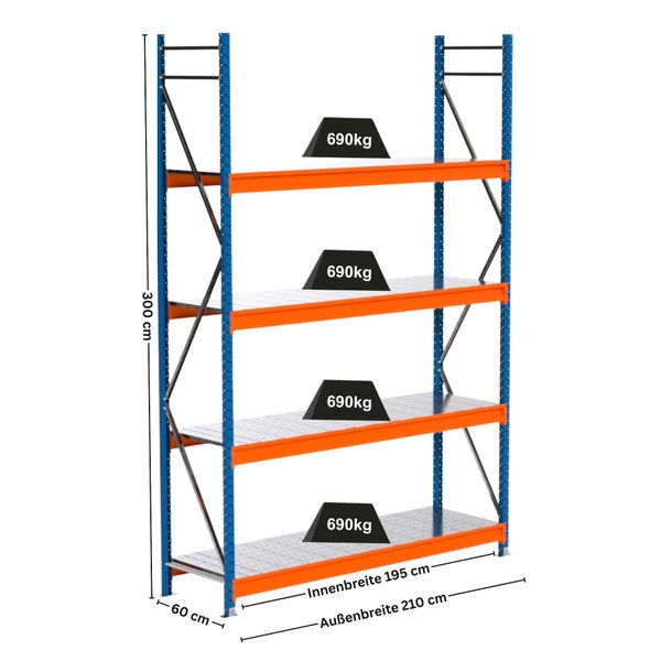 Metallregal mit vier Ebenen und einer Traglast von 690 Kilogramm pro Ebene sowie den Maßen 300 x 210 x 60 Zentimeter