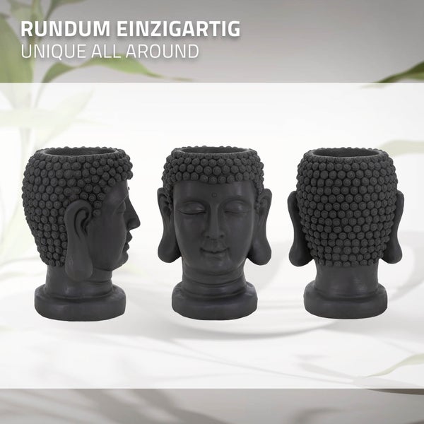 ML-Design Pflanztopf Buddha Figur Kopf 19x20x34 cm, Anthrazit, Harz, Innen- und Außenstatue, massiv, Groß Büste Skulptur, Pflanzgefäß Blumentopf Übertopf Gesicht Pflanzer Gartendeko Pflanzen Vase Urne