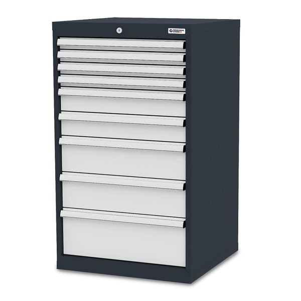 Schubladenschrank aus Metall mit 10 Schubladen und einem Schloss.