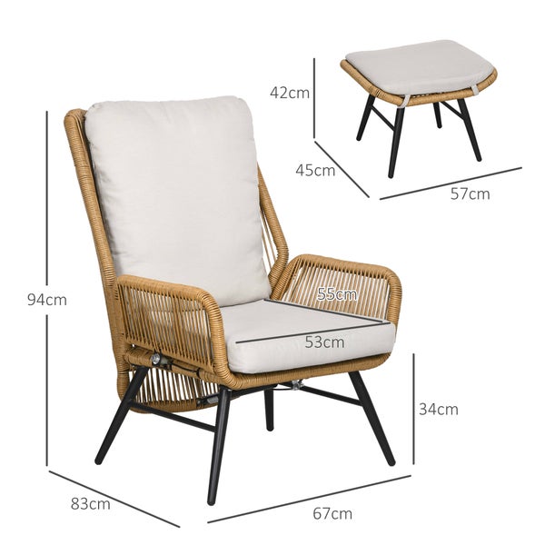 Outsunny Rattan Relaxsessel mit Fußhocker, mit verstellbarer Rückenlehne, mit Kissen, 67L x 83B x 94H cm, Stahl, Polyester, Natur