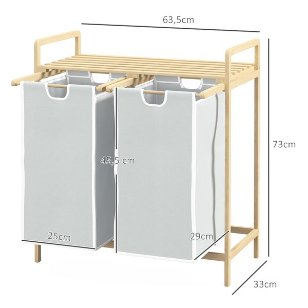 HOMCOM Bambus Wäschekorb 2 Fächer Wäschesammler mit Griff, 2 abnehmbaren Wäschesacke, Plattform, Wäschebox Wäschesortierer für Waschküche Schlafzimmer Badezimmer Natur+Creme