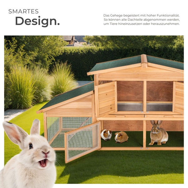 Holz-Kleintierstall mit abnehmbaren Dachteilen, Drahtgitter und zwei Ebenen für Kaninchen und Meerschweinchen im Garten.