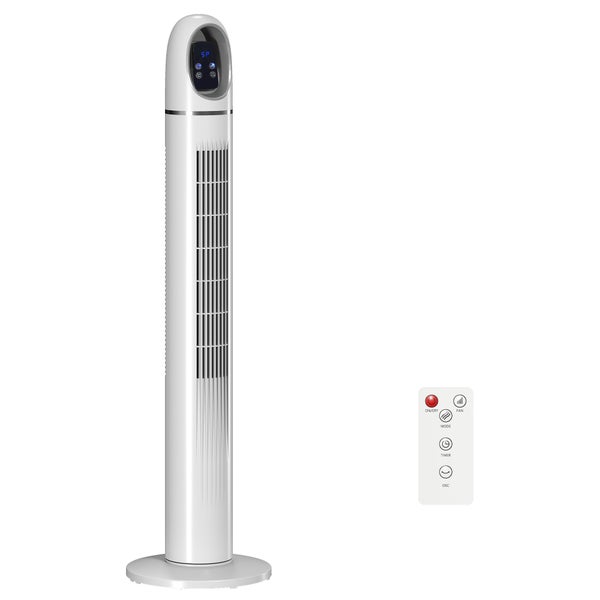Weißer Turmventilator mit Digitalanzeige und Fernbedienung.