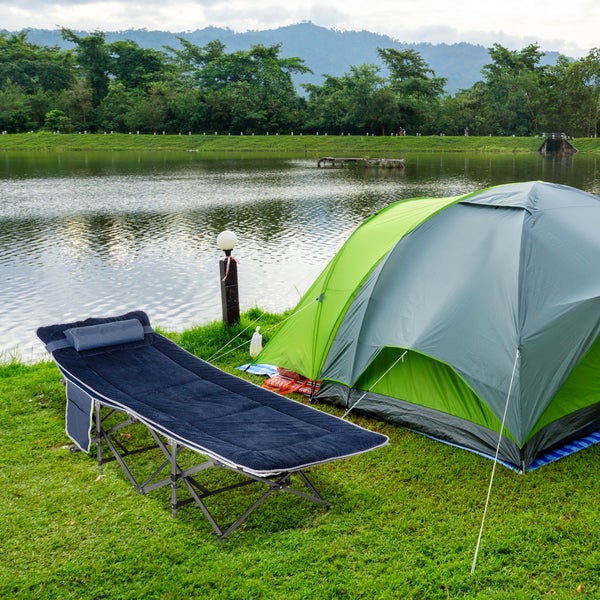 Outsunny Campingbett klappbar Feldbett Klappbett mit Kopfkissen Seitentasche Matratze Gästebett bis 150 kg belastbar Reisen Outdoor Oxford Dunkelblau 188 x 64,5 x 53 cm