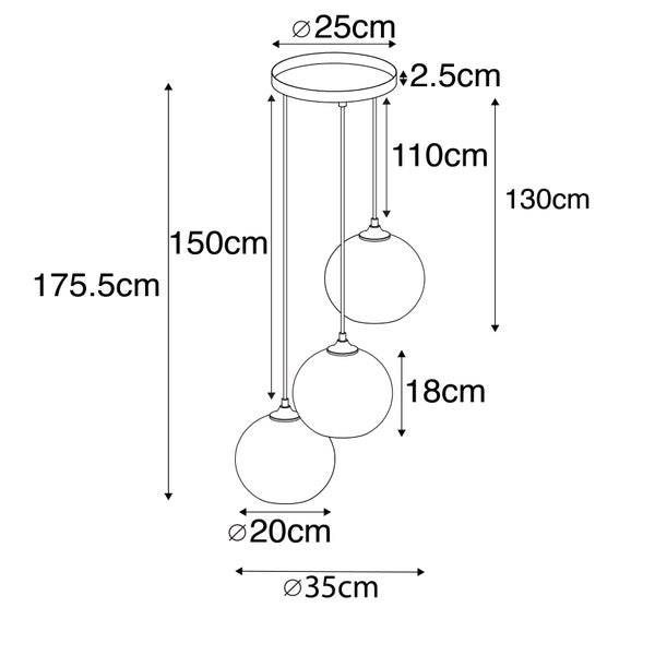 Technische Zeichnung einer Pendelleuchte mit drei Kugelschirmen und Maßangaben