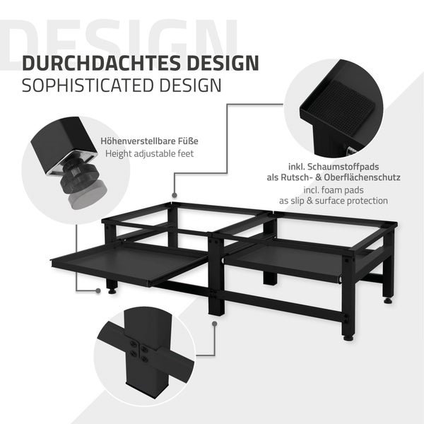 ML-Design Doppel Waschmaschinen-Untergestell mit 2 ausziehbaren Ablagen, Schwarz, Stahl, bis 2x 150kg + 10 kg, verstellbare Füße, Waschmaschinensockel 2-Fach, Doppeluntergestell Doppelpodest Erhöhung