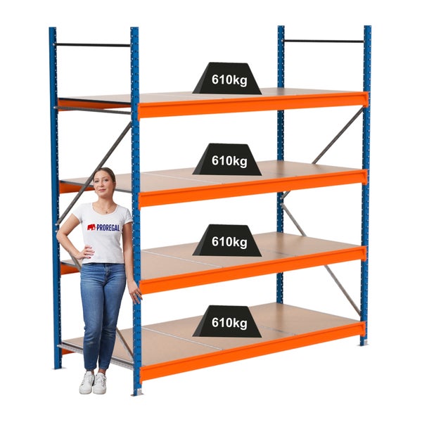 Lagerregal mit vier Regalböden, belastbar bis 610 Kilogramm pro Boden.