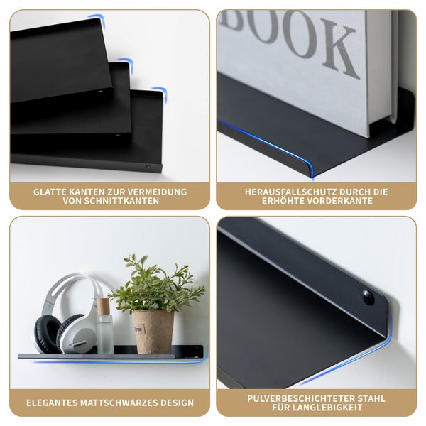 BERLINLODGE Wandregal Metall 3er Set | Matte Schwarz  | Schweberegal Wandboards Bücherregal 3-Teiliges Hängeregal, Wanddeko und Ablage