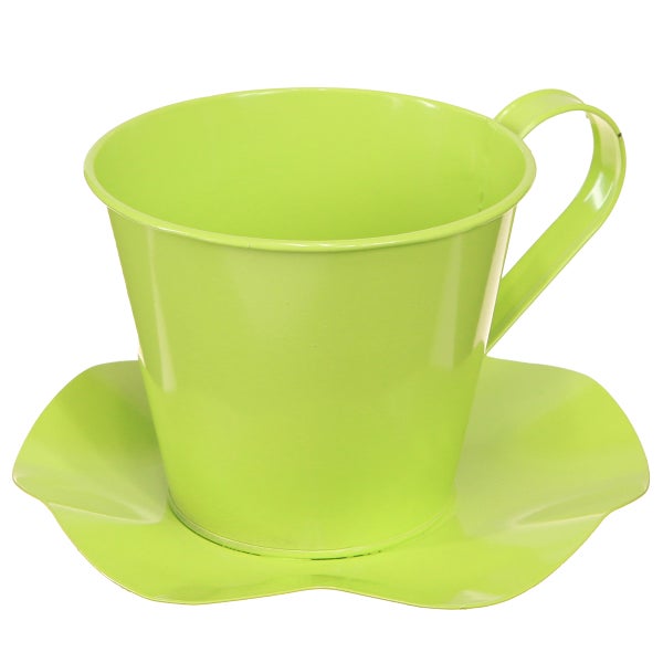 Dekorative Teetasse aus Metall mit Untertasse für den Garten