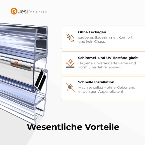 Quest Profile Duschdichtung aus transparentem Kunststoff. Merkmale: leckfrei, schimmelresistent, UV-beständig und einfache Montage ohne Kleber.