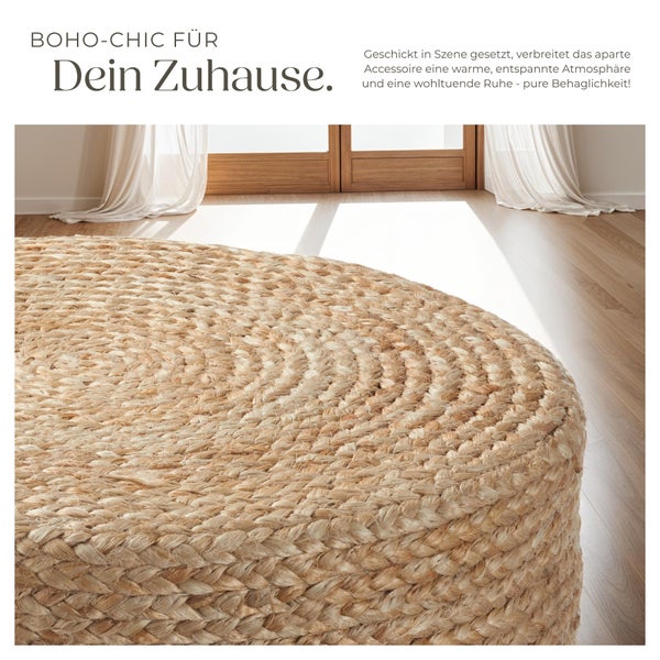 Handgefertigter Pouf tectake Banno Elipse 58 x 22 cm, Belastbarkeit 150 kg Boho-Stil beige