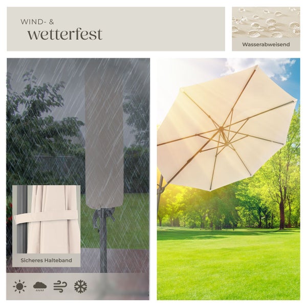 Bild zeigt eine Schutzhülle für einen Gartenschirm, die wind- und wetterfest sowie wasserabweisend ist und ein sicheres Halteband besitzt.