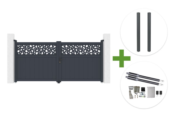 Doppelflügeltor mit Zierelementen inklusive Torpfosten und elektrischem Torantrieb mit Fernbedienung und Montagezubehör