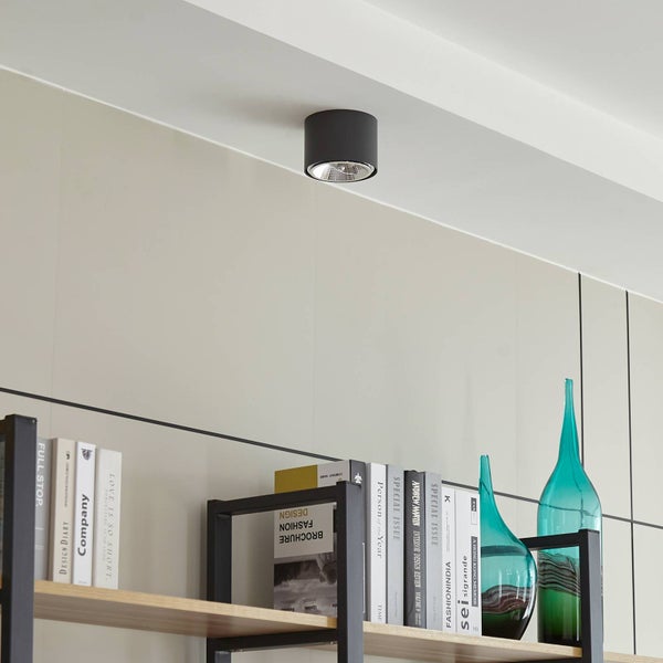 Schwarze Deckenleuchte in einem Wohnraum über einem Bücherregal.