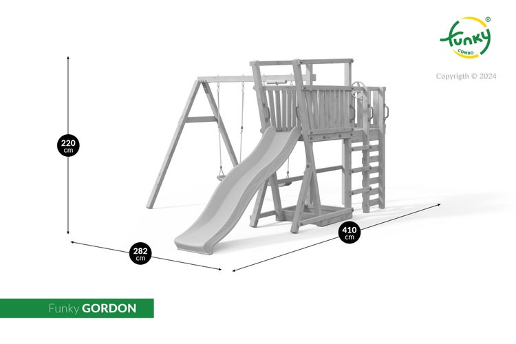 Funky GORDON Spielturm aus Holz mit Rutsche, Doppelschwinge und Kletterpodest. Maße: 220 Zentimeter hoch, 410 Zentimeter breit, 282 Zentimeter tief.