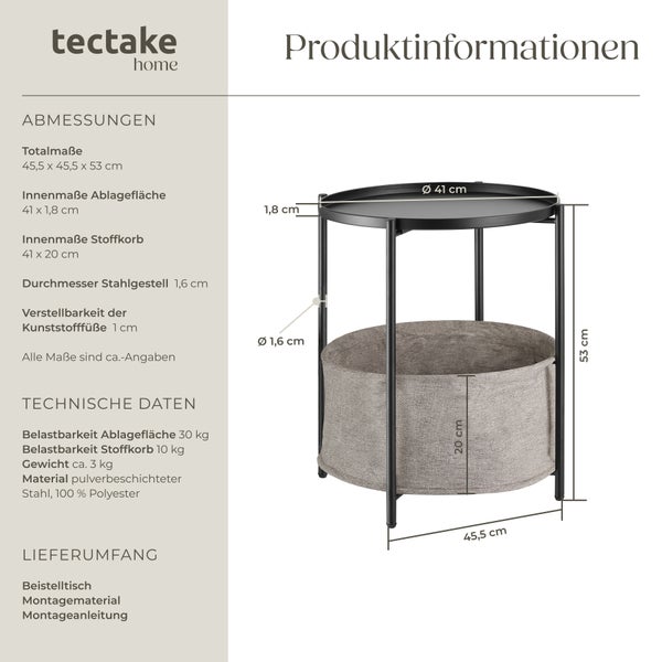 Produktinformationen Beistelltisch mit Stoffkorb und den dazugehörigen Abmessungen