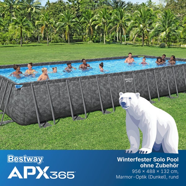 Bestway APX365 rechteckiger winterfester Aufstellpool in dunkler Marmor-Optik, 956 mal 488 mal 132 Zentimeter, mit Personen im Garten.