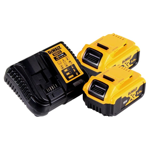 DeWalt Akku-Starter-Set mit einem Ladegerät und zwei 18 Volt Lithium-Ionen-Akkus mit 5,0 Amperestunden.