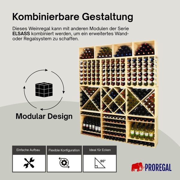 Modulares Weinregalsystem aus Holz der Serie Elsass von Proregal mit verschiedenen Regalmodulen für Weinflaschen.