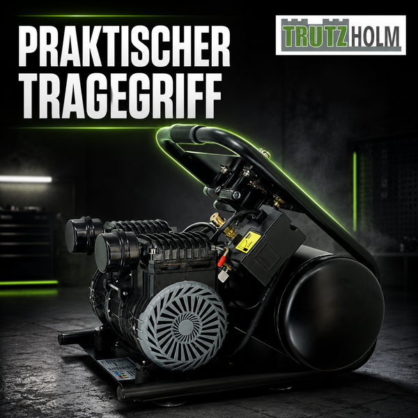 Schwarzer Trutzholm Kompressor mit praktischem Tragegriff und Trutzholm Logo.