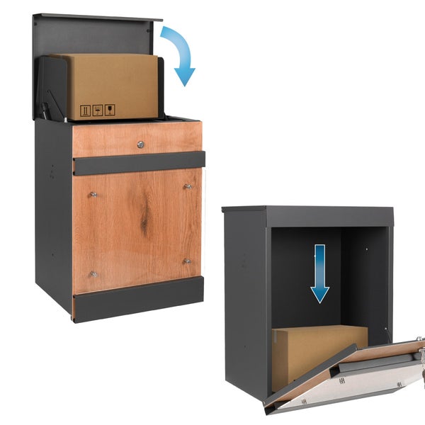 ML-Design Paketbriefkasten mit Ständer, 44x35x58cm Anthrazit-Holzoptik verzinkter Stahl, Paketbox mit Schloss, Paketkasten mit Rückholsperre, Postkasten Halterung Briefkasten mit Standfuß 120,5x56,5cm