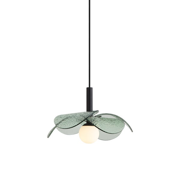 Moderne Pendelleuchte mit blütenförmigem Glasschirm und Leuchtkugel an einer langen Aufhängung
