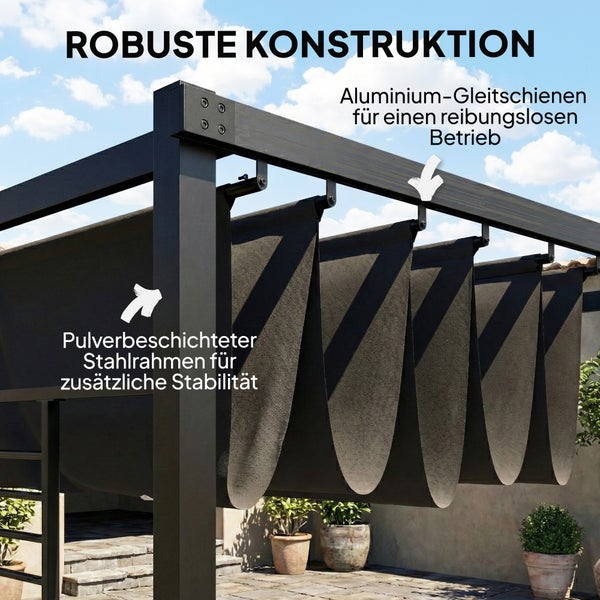 Gartenpavillon mit robustem pulverbeschichtetem Stahlrahmen und Aluminium-Gleitschienen für das textile Schiebedach.