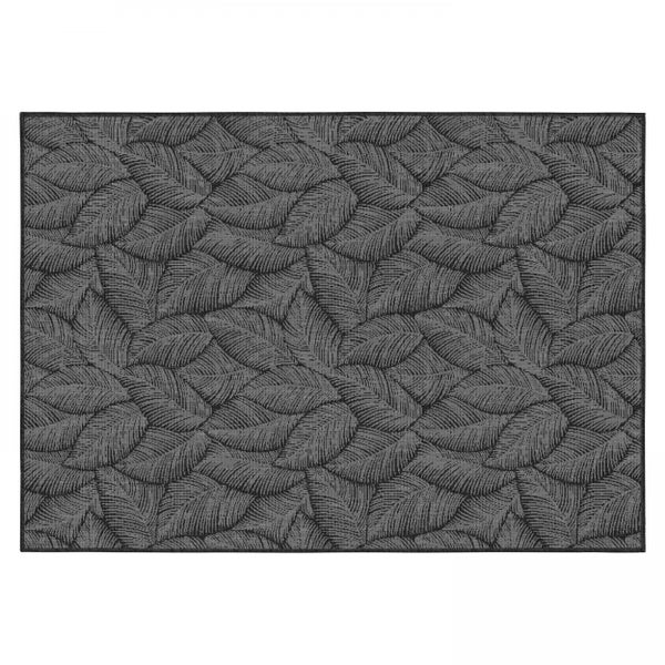 Grauer Flachgewebe-Teppich mit Blättermuster für den Innen- und Außenbereich.