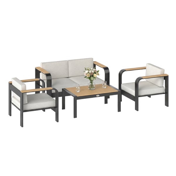 Garten-Lounge-Set aus Metall mit Holzdetails, bestehend aus einem Zweisitzer-Sofa, zwei Sesseln und einem Tisch, inklusive Polster.