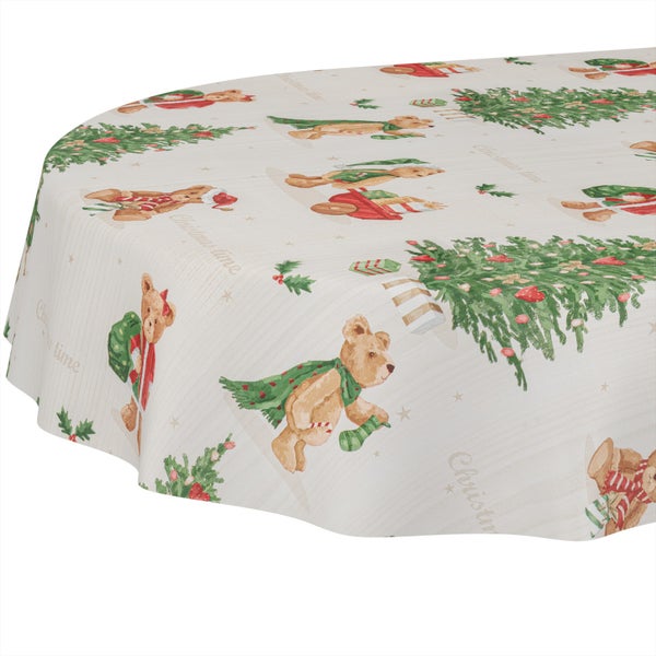 Runde Tischdecke mit Weihnachtsmotiven, Teddybären, Weihnachtsbäumen und Geschenken.