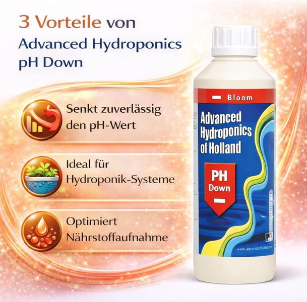 Advanced Hydroponics pH Down Flasche mit Vorteilen: Senkt zuverlässig den pH-Wert, ideal für Hydroponik-Systeme und optimiert die Nährstoffaufnahme.
