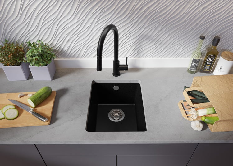PRIMAGRAN Unterbauspüle Granit Schwarz 36x44cm, Spülbecken 1 Becken + Küchenarmatur 40x20cm + Ablauf-Set, Granitspüle ab 40er Unterschrank - Venedig Easy
