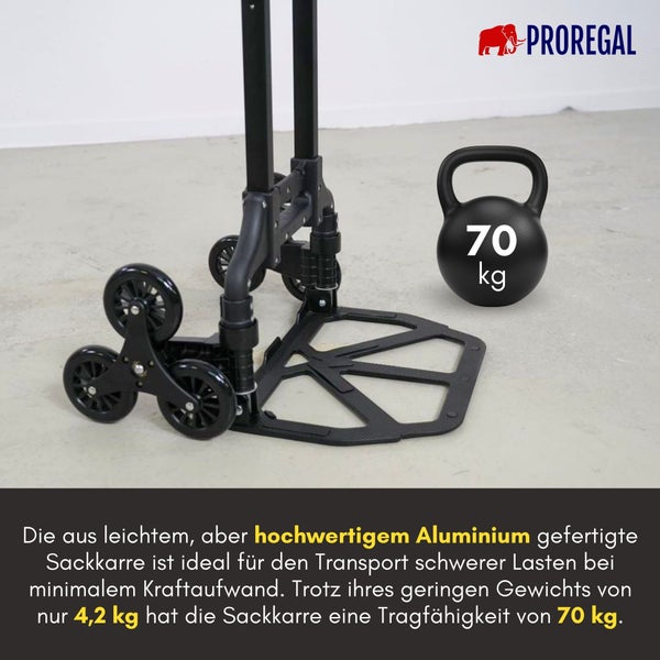 PROREGAL Klappbare Treppensackkarre ELEPHANT HxBxT 110x45x48cm Traglast 70kg Aluminiumrahmen ergonomische Griffe TRR Fachgummiräder Schwarz Treppensteiger Sackkarre