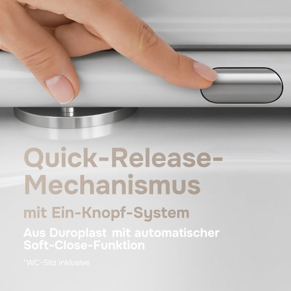 Hand drückt Knopf für Quick-Release-Mechanismus an einem WC-Sitz aus Duroplast mit Soft-Close-Funktion