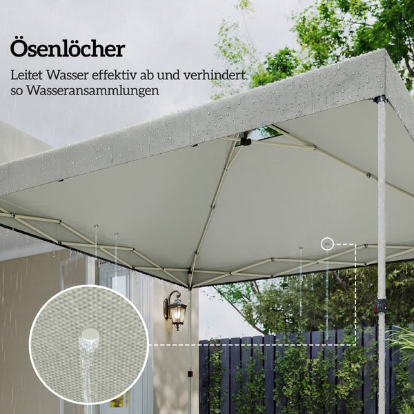 Pavillon im Regen mit Ösenlöchern, die Regenwasser effektiv ableiten und Wasseransammlungen auf dem Dach verhindern.