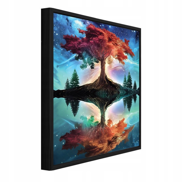Wandbild mit Motiv eines Baumes in einer surrealen Landschaft im schwarzen Rahmen