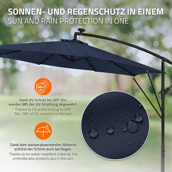 Blauer Ampelschirm mit UV-Schutzfaktor 50 plus und wasserabweisendem Material, Detailansicht von Wassertropfen auf der Bespannung.