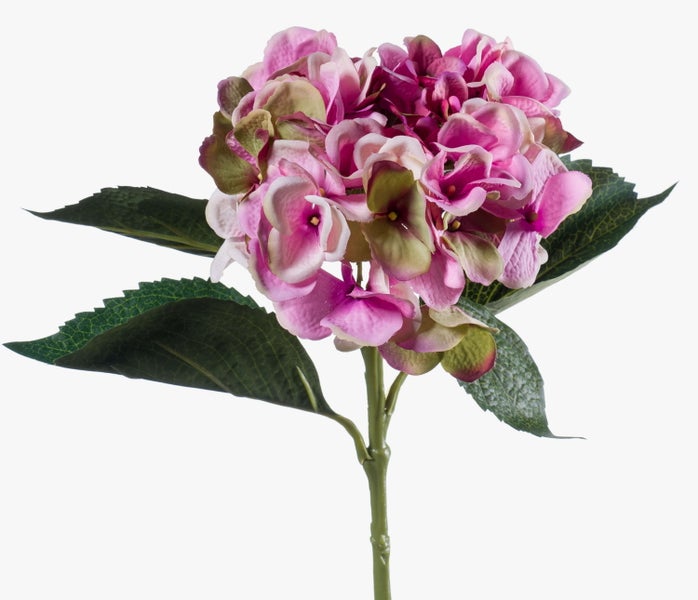 Künstliche Hortensie mit rosafarbenen Blüten und grünen Blättern an einem Stiel