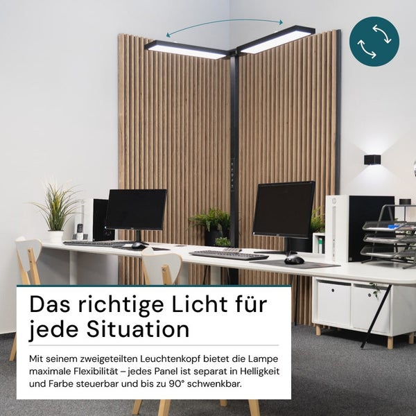 Büroszene mit Schreibtisch und flexibler Stehlampe mit zwei Leuchtenköpfen