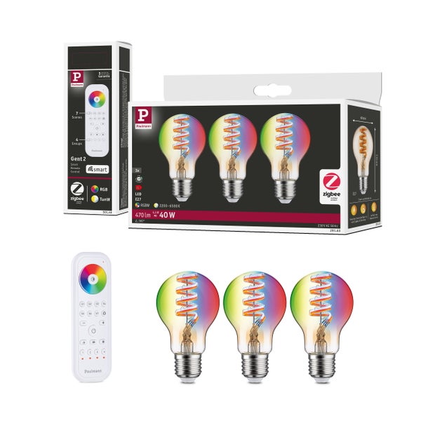 Set aus drei Paulmann Smart Home LED Lampen E27 mit Fernbedienung, steuerbar via Zigbee, RGB und Tunable White Farbtemperatur, 470 Lumen.