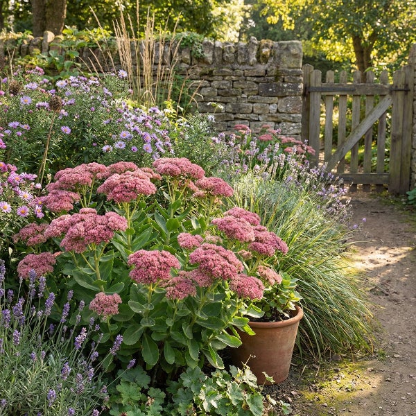 Naturgarten mit rosa Fetthenne im Terrakottatopf, violetten Astern und Lavendel vor einer Steinmauer und einem Holztor.