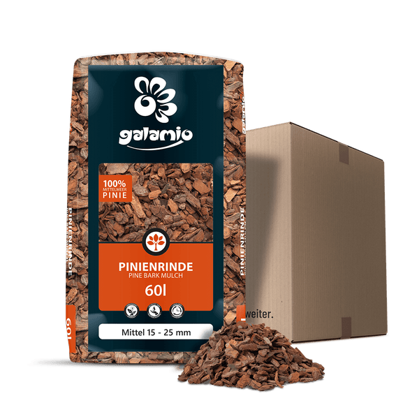 Galamio Pinienrinde im 60 Liter Beutel, Körnung 15 bis 25 Millimeter, mit Versandkarton und Rindenmulch-Haufen.