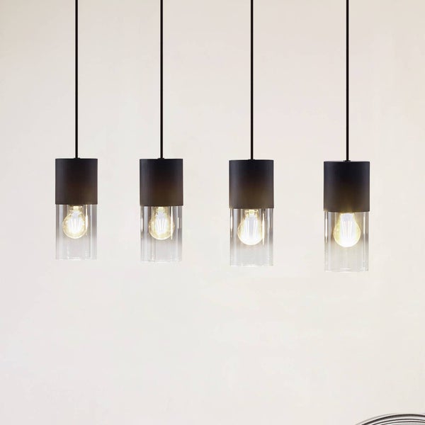 Vierflammige Pendelleuchte mit schwarzen zylindrischen Metallfassungen und klaren gerippten Glasschirmen.