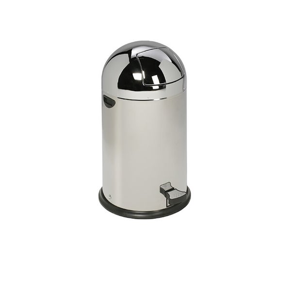 Treteimer aus Metall mit gewölbtem Deckel und Fußpedal.
