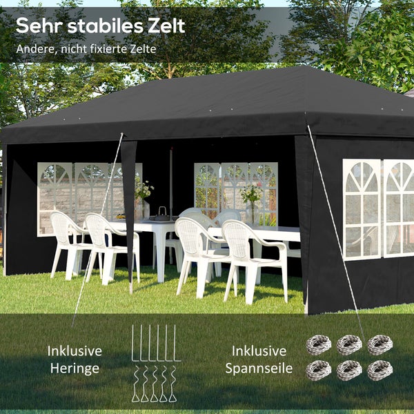Schwarzes Partyzelt mit Seitenwänden und Fenstern auf Rasenfläche, mit Tisch und Stühlen, inklusive Heringe und Spannseile.