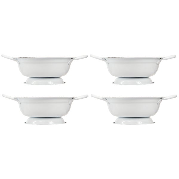 Vier emaillierte Siebe mit Fuß und Griffen