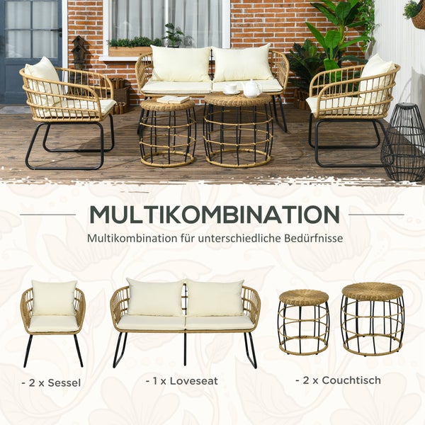 Outsunny 5 tlg. Rattan Gartenmöbel-Set, Sitzgruppe mit Kissen, 2 Couchtischen, 2 Sesseln, 1 Doppelsofa,  145L x 70B x 78Hcm, Stahl, Beige