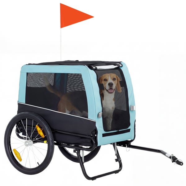 Hunde-Fahrradanhänger in Blau und Schwarz mit großen Rädern, Sicherheitswimpel, Netzfenstern und einem Beagle im Inneren.